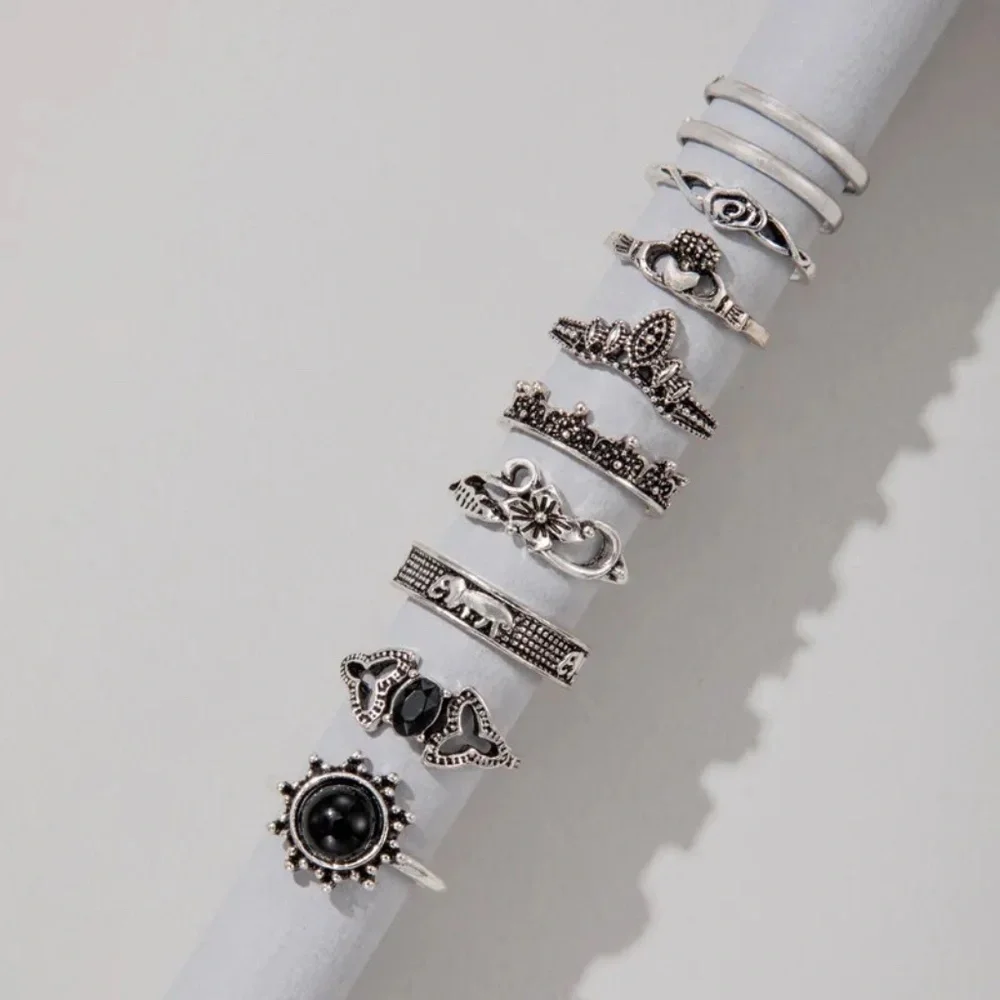 *HALLE* 10-Pc Silver x Black Gem Fashion Ring Set